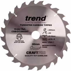 Trend CSB/CC25024T Craft Pro Positive Hook Crosscutting Circular Blade Ideal for DCS778N Mitre Saws, 250mm x 24 Teeth x 30mm  ...