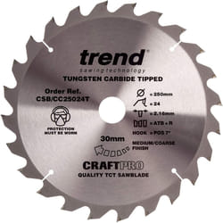 Trend CSB/CC25024T Craft Pro Positive Hook Crosscutting Circular Blade Ideal for DCS778N Mitre Saws, 250mm x 24 Teeth x 30mm Bore, Tungsten Carbide
