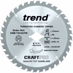 Trend CSB/19036TW Craft Pro Thin Kerf TCT Circular Saw Blade for Wormdrive, Tungsten Carbide Tipped, 190mm x 24 Teeth x 0 Bor ...