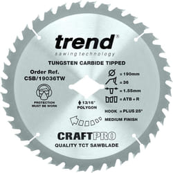 Trend CSB/19036TW Craft Pro Thin Kerf TCT Circular Saw Blade for Wormdrive, Tungsten Carbide Tipped, 190mm x 24 Teeth x 0 Bore