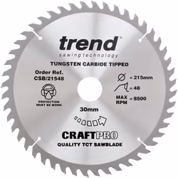 Trend CSB/21548 Craft Pro Trimming Crosscut TCT Circular Saw Blade, 215mm x 48 Teeth x 30mm Bore, Tungsten Carbide Tipped