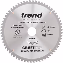 Trend CSB/AP21564 Craft Pro Worktop TCT Aluminium or Plastic Blade for Mitre Circular Saws, 215mm x 64 Teeth x 30mm Bore, Tun ...