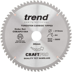 Trend CSB/AP21564 Craft Pro Worktop TCT Aluminium or Plastic Blade for Mitre Circular Saws, 215mm x 64 Teeth x 30mm Bore, Tungsten Carbide Tipped