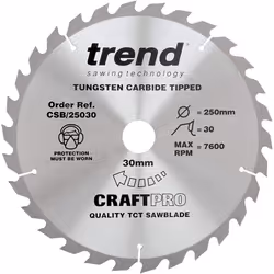Trend CSB/25030 Craft Pro Rip TCT Circular Blade for Table Saws, 250mm x 30 Teeth x 30mm Bore, Tungsten Carbide Tipped