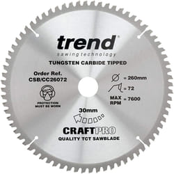 Trend CSB/CC26072 Craft Pro Negative Hook Crosscutting TCT Circular Blade Ideal for Makita and Festool Table/Mitre Saws, Tungsten Carbide Tipped,