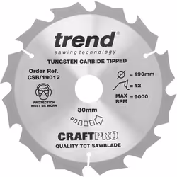 Trend CSB/19012 Craft Pro Rip TCT Circular Saw Blade, 190mm x 12 Teeth x 30mm Bore, Tungsten Carbide Tipped