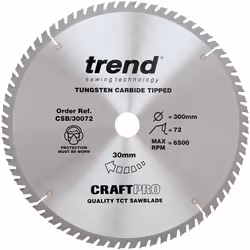 Trend CSB/30072 Craft Pro Quality TCT Circular Saw Blade, 300mm x 72 Teeth x 30mm Bore, Tungsten Carbide Tipped