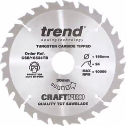 Trend CSB/16524TB Craft Pro Thin Kerf TCT Circular Saw Blade, Tungsten Carbide Tipped, 165mm x 24 Teeth x 30 Bore