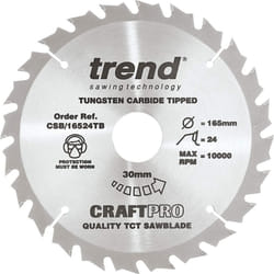 Trend CSB/16524TB Craft Pro Thin Kerf TCT Circular Saw Blade, Tungsten Carbide Tipped, 165mm x 24 Teeth x 30 Bore