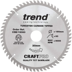 Trend CSB/19060 Craft Pro Fine Trim Finishing TCT Circular Saw Blade, 190mm x 60 Teeth x 30mm Bore, Tungsten Carbide Tipped