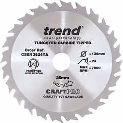Trend CSB/13624TA Craft Pro Thin Kerf Cordless TCT Circular Saw Blade, 136mm x 24 Teeth x 20mm Bore, Tungsten Carbide Tipped