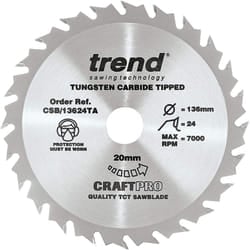 Trend CSB/13624TA Craft Pro Thin Kerf Cordless TCT Circular Saw Blade, 136mm x 24 Teeth x 20mm Bore, Tungsten Carbide Tipped
