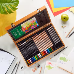 Derwent Academy Wooden Gift Box,Complete 35 Piece Art Set with Colouring Pencils,Pastels & Accessories, Ideal Collection for Drawing, 2300147
