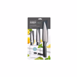 Jospeh Joseph Duo 3 Piece Elevate Knife set, Japanese Stainless Steel blades, includes Paring, Serrated and Chef's knife with protective sheath, Black