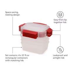 Joseph Joseph Nest Lock 8-piece Plastic BPA Free Food Storage Container Set with Lockable Airtight Leakproof Lids - Red