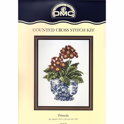 Primula In Willow Pattern Pot By DMC Stitched on 14 Count Aida K4150