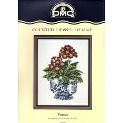 Primula In Willow Pattern Pot By DMC Stitched on 14 Count Aida K4150