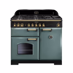Rangemaster Classic Deluxe 100 Dual Fuel, Range cooker, Green, Rotary, Mineral Green, Black, Gold, Front