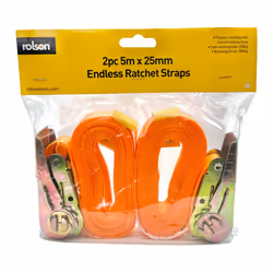 Rolson Twin Pack 5m x 25mm wide Endless Ratchet Straps - Polyester webbing highly visible orange 44207