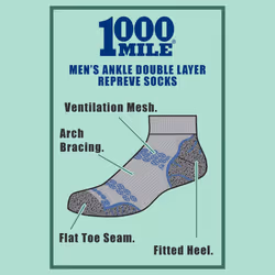 1000 Mile - 1 Pack Mens Lite Anklet Repreve Double Layer Socks - 9-11 UK, Silver / Royal Blue