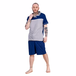Mens Short Pyjama Set 100% Cotton Soft Jersey Hooded Top Loungewear Set - Navy/Grey, M