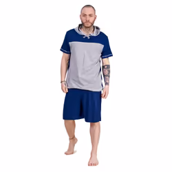 Mens Short Pyjama Set 100% Cotton Soft Jersey Hooded Top Loungewear Set - Navy/Grey, M