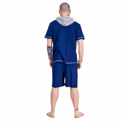 Mens Short Pyjama Set 100% Cotton Soft Jersey Hooded Top Loungewear Set - Navy/Grey, M