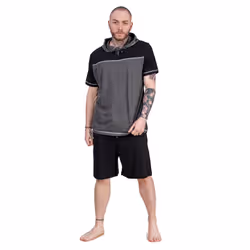 Mens Short Pyjama Set 100% Cotton Soft Jersey Hooded Top Loungewear Set - Black/Grey, L
