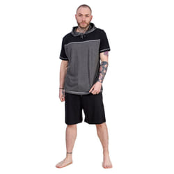 Mens Short Pyjama Set 100% Cotton Soft Jersey Hooded Top Loungewear Set - Black/Grey, L