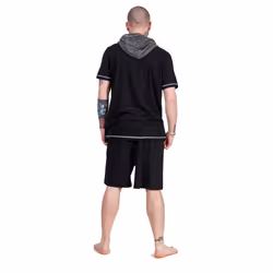 Mens Short Pyjama Set 100% Cotton Soft Jersey Hooded Top Loungewear Set - Black/Grey, L
