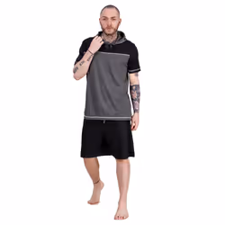 Mens Short Pyjama Set 100% Cotton Soft Jersey Hooded Top Loungewear Set - Black/Grey, L