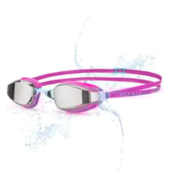 Adult Pro Race Goggles with UV Protection and Mirrored Anti Fog Wide View Lenses, Soft Silicone Swim Goggles, 14+ Years, Purple