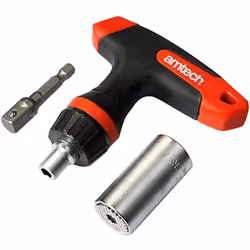 Amtech I6355 Ratchet T-Handle with Universal Pin Drive Socket, Black, Red & Silver
