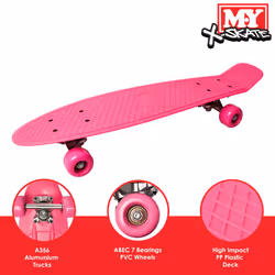 X-Skate Complete 22" Pink Plastic Retro Beginner Skateboard for Kids Teenagers & Adults Waffle-Style Deck ABEC 7