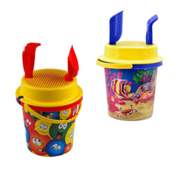 Beach Bucket And Spade With Rake And Sieve - Large Colourful Design