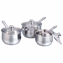 Buckingham Deep Saucepan Set Stainless Steel Cooking Pots with Glass Lids 3-Piece Kitchen Essential