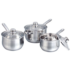 Buckingham Deep Saucepan Set Stainless Steel Cooking Pots with Glass Lids 3-Piece Kitchen Essential