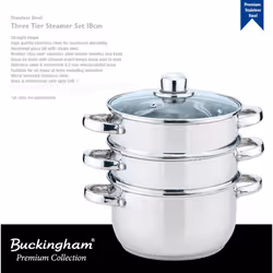 Buckingham Three-Tier Stainless Steel Steamer Set with Glass Lid Premium Quality Steamer for Healthy Cooking 18 cm Cookware