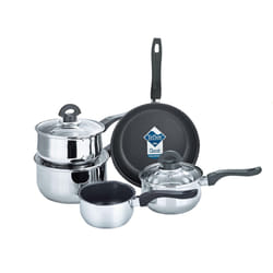Buckingham Premium 5 Piece Pan Set Glass Lid Saucepan Non Stick Frying Pan Milk Pan Casserole Cookware Set with Bakelite Handle Stainless Steel