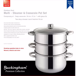 Buckingham Three-Tier Stainless Steel Steamer Set with Glass Lid Premium Quality Steamer for Healthy Cooking 24 cm Cookware