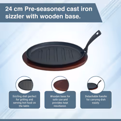 Buckingham Pre Seasoned Premium Cast Iron Serving Dish Steak & Fajita Sizzler Platter with Wooden Base 24 cm