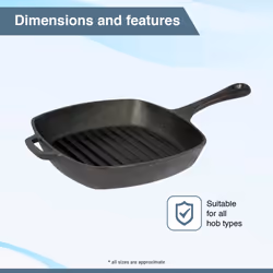 Buckingham Pre-Seasoned Cast Iron Square Grill Pan Heavy-Duty Griddle for Healthy Flavourful Cooking 24 Cm