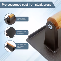 Buckingham Black Steak Weight Bacon Grill Press Cast Iron with Cool Wooden Handle Ideal for Multiple Meats Utensils 21 Cm