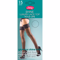 Silky Shine Luxury Lace Top Hold Ups 15 Denier - Barely Black, Medium