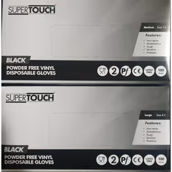 1 BOX OF 100 SUPER TOUCH BLACK VINYL DISPOSABLE GLOVES M L POWDER FREE NON STERILE - MEDIUM 7.5