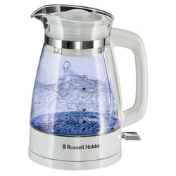 Carafe Style 1.7L Cordless Electric Glass Kettle with white handle, lid & base and blue internal illumination (Fast boil, 3KW, Anti-scale filter, Pull