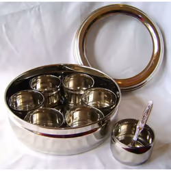 NEW STAINLESS STEEL MASALA DABBA SPICE CANISTER BOX WITH LID & 7 POTS INDIAN. PRIMA