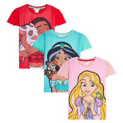 Girls 3 Pack Disney Princess T-Shirts Kids Jasmine Moana Rapunzel Dress Up Top - 7-8 Years