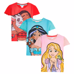 Girls 3 Pack Disney Princess T-Shirts Kids Jasmine Moana Rapunzel Dress Up Top - 9-10 Years