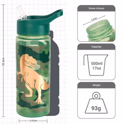 Dino Camo Water Bottle with Flip up Straw 500ml âOfficial Merchandise Kids Reusable Non Spill BPA Free - Recyclable Plastic â For School Nursery